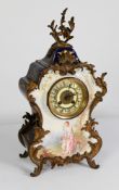 19TH CENTURY FRENCH PORCELAIN ROCOCO MANTEL CLOCK, the Arabic numeral dial set with marcasite and