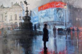 KEVIN DAY (b.1973) MIXED MEDIA ON CANVAS ‘Piccadilly Rain’ Signed, titled to canvas and gallery