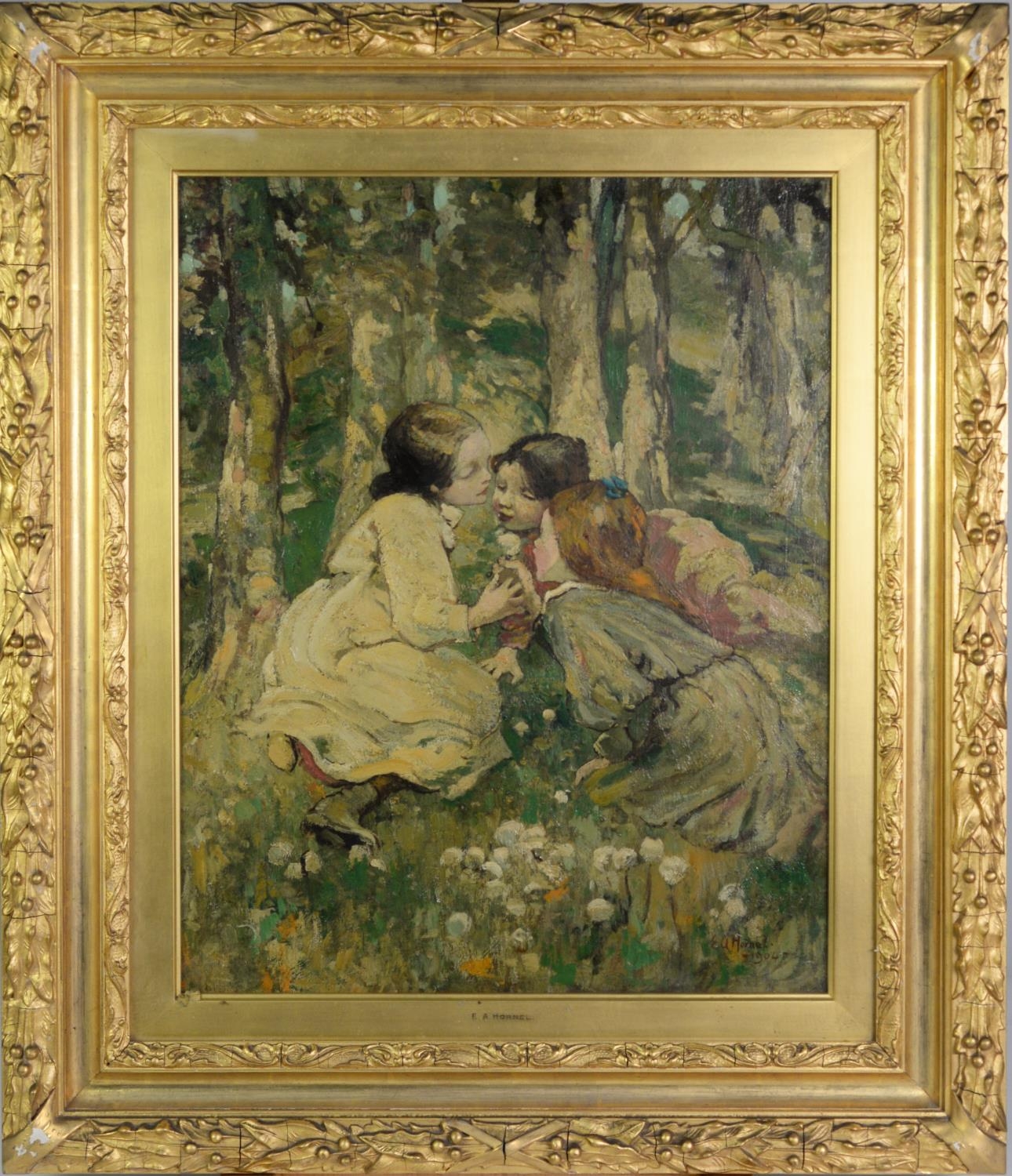 AFTER E.A. HORNEL OIL ON CANVAS Three young girls in a sylvan scene Signed 20 ½” x 16" (52cm x 40. - Image 2 of 2