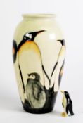 SALLY TUFFIN FOR MOORCROFT, SECOND QUALITY, LIMITED EDITION PENGUIN PATTERN TUBE LINED POTTERY VASE,