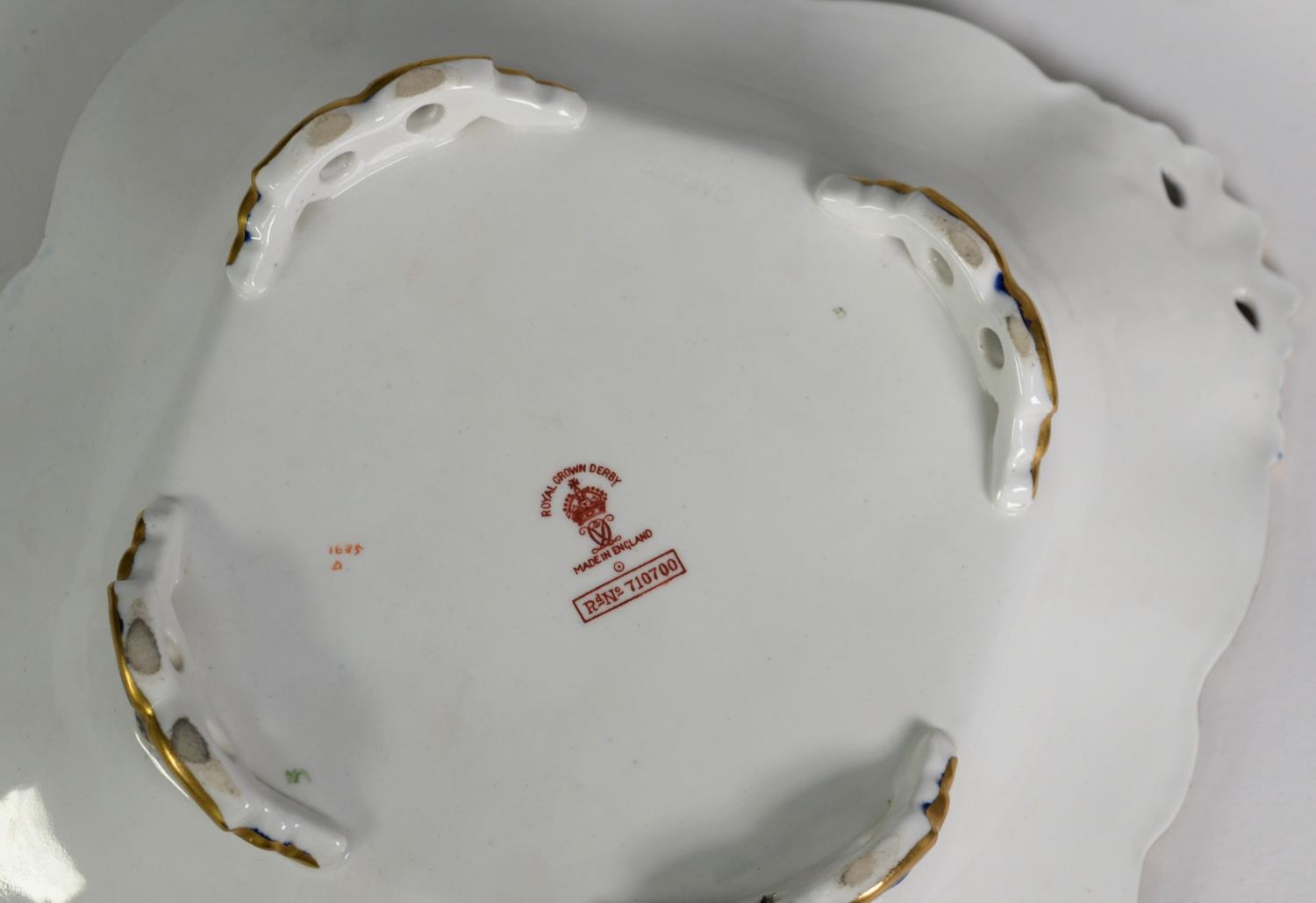 PAIR OF INTER-WAR YEARS ROYAL CROWN DERBY PORCELAIN JAPAN DECORATED LOZENGE-SHAPE DISHES, printed - Image 2 of 2