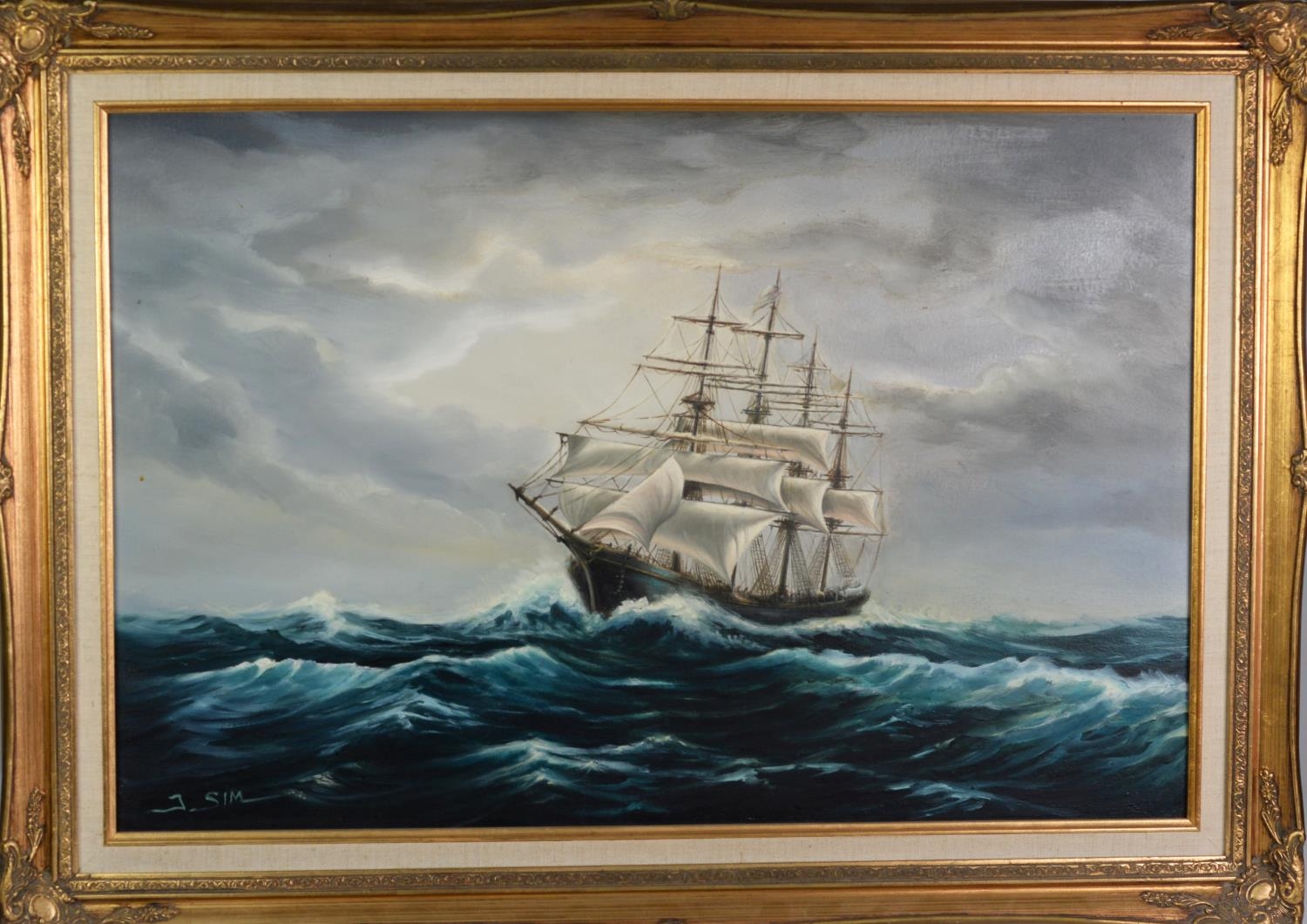 J SIM (TWENTIETH CENTURY) OIL ON CANVAS Four masted ship under sail on rough water Signed 19 ¾” x 29 - Image 2 of 2