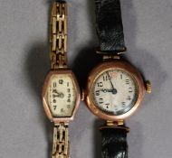 EARLY TO MID 20th CENTURY LADY'S 9ct GOLD TONNEAU SHAPED WRISTWATCH on yellow metal adjustable