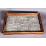 STYLISH, MODERN WALNUT AND FISH SKIN TWO HANDLED TRAY, of oblong form with nine oblong panels to the