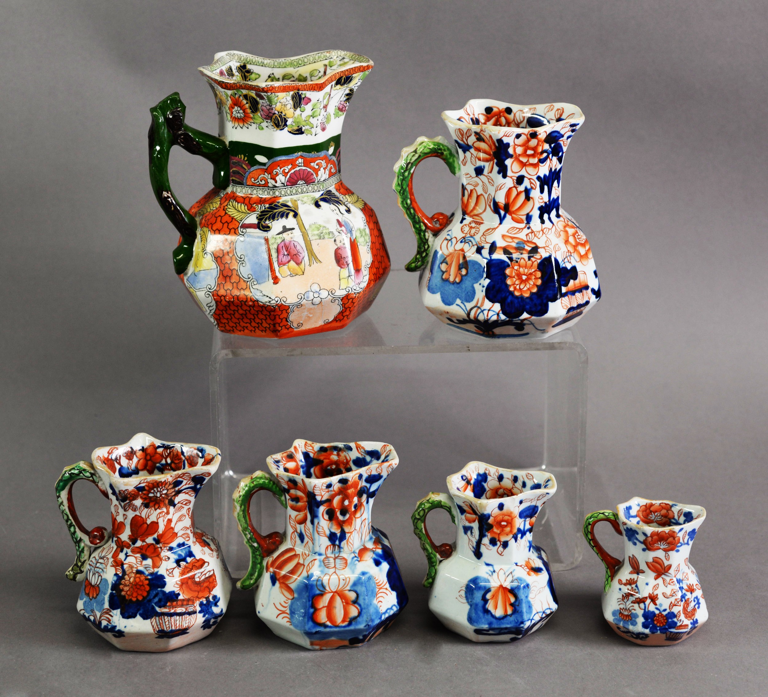 SIX MASONS ‘IRONSTONE CHINA’ POTTERY HYDRA JUGS, each of panelled form, comprising a CHINOISERIE - Image 2 of 2