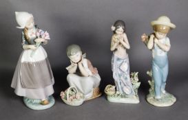 FOUR LLADRO PORCELAIN FIGURES OF CHILDREN WITH FLOWERS, including a Dutch girl with tulips and a boy
