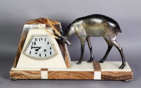LA RUELLE, BOULOGNE SUR MED, FRENCH ART DECO PATINATED SPELTER AND MARBLE MANTLE CLOCK, the