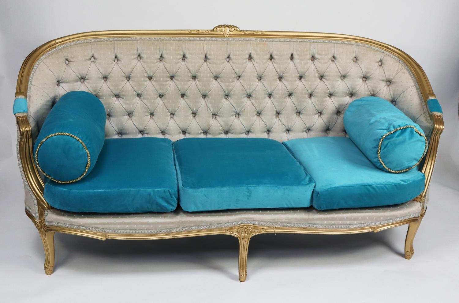 MOULDED AND CRAVED GILT WOOD FRAMED FRENCH SETTEE AND MATCHING PAIR OF TUB CHAIRS, each covered with