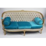 MOULDED AND CRAVED GILT WOOD FRAMED FRENCH SETTEE AND MATCHING PAIR OF TUB CHAIRS, each covered with