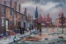 BERNARD MCMULLEN (b.1952) PASTEL DRAWING Street scene with children playing in front of a row of