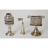 PROBABLY ISRAELI ELECTROPLATED FILIGREE SPICE TOWER, with flag pattern finial, 7 ¾” (19.7cm) high,