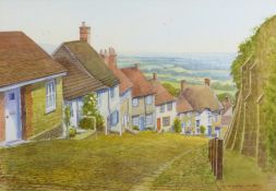 NICK BRADLEY-CARTER RA (20TH CENTURY), watercolour landscape 'Gold Hill - Shaftsbury', signed