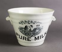H. MARSH, WITHY GROVE, MANCHESTER, WHITE GLAZED POTTERY TWO HANDLED ‘PURE MILK’ PAIL, of moulded