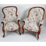 TWO SIMILAR VICTORIAN CARVED MAHOGANY GENT’S EASY ARMCHAIRS, each of typical form with show wood