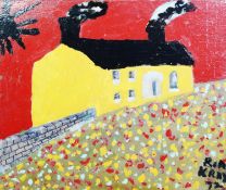 RONNIE KRAY (1933-1995) OIL ON BOARD #Yellow house with black roof and two smoking chimneys,