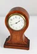 EARLY 20th CENTURY INLAID MAHOGANY BALLOON SHAPED MANTEL CLOCK, having drum shaped movement,