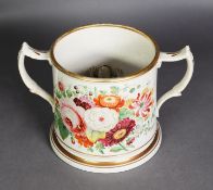 MID VICTORIAN STAFFORDHIRE POTTERY TWO HANDLED LARGE FROG MUG, with two frogs to the interior, the