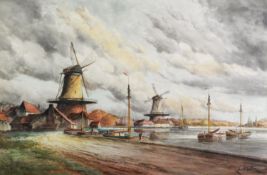 LOUIS VAN STRAATEN (1859-1924) WATERCOLOUR DRAWING Dutch river scene with windmills Signed 15 ½” x