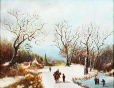 UNATTRIBUTED (MODERN DUTCH SCHOOL) PAIR OF OIL PAINTINGS ON BOARD Winter scenes Unsigned 7 ½” x 9 ½”