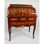 MODERN ITALIAN MARQUETRY INLAID AND GILT METAL MOUNTED BARREL FRONTED WRITING TABLE OR BUREAU, the