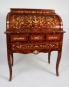 MODERN ITALIAN MARQUETRY INLAID AND GILT METAL MOUNTED BARREL FRONTED WRITING TABLE OR BUREAU, the