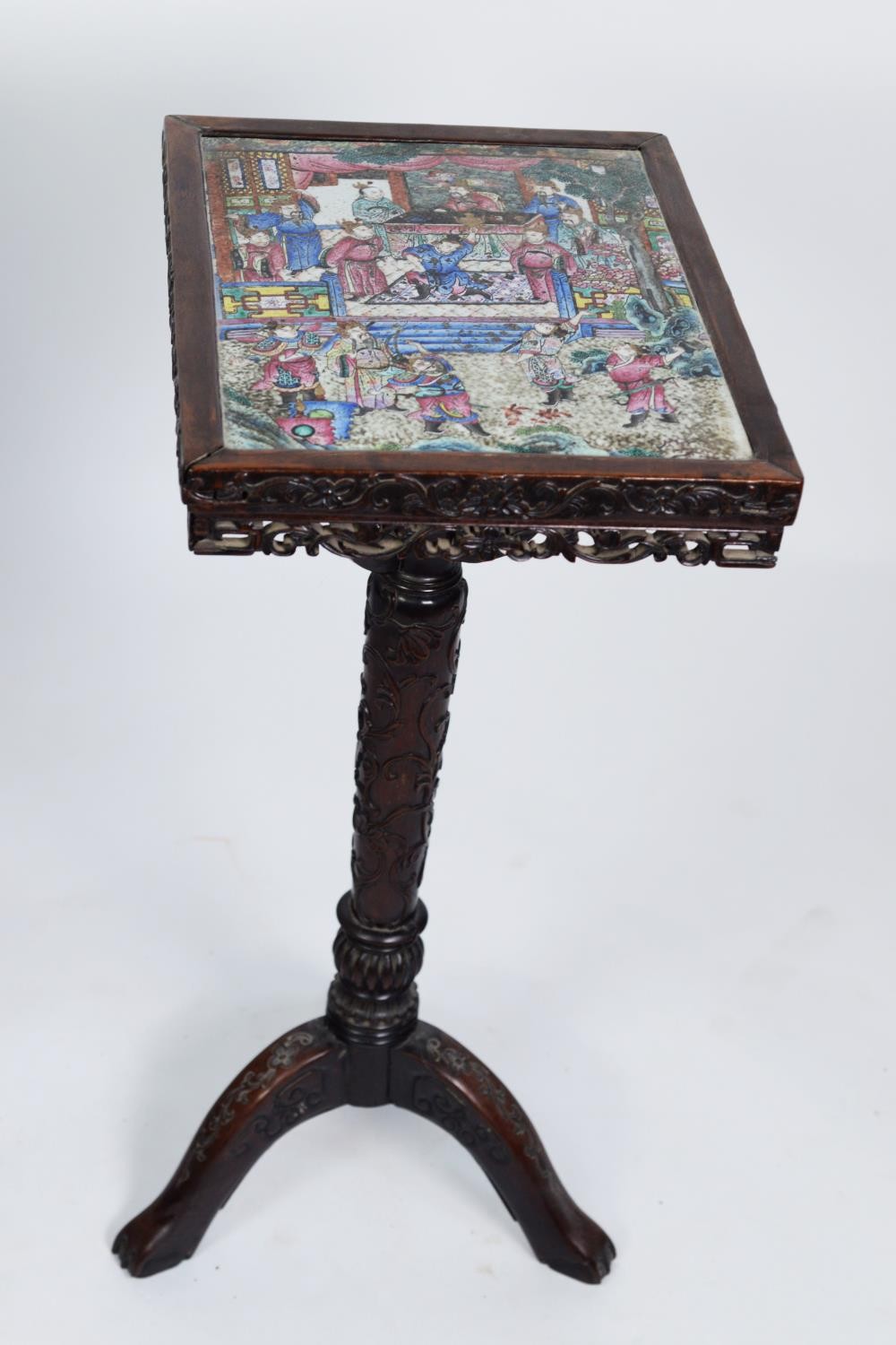 19th CENTURY CHINESE HUNGMU OR ZITAN WOOD PEDESTAL TABLE, inlaid to the top with an 11 ½” x 15 ½”