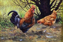 DONNA CRAWSHAW (b.1960) OIL ON BOARD Cock and hen in natural setting Signed 5” x 7” (12.7cm x 17.