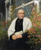 EARLY 20th CENTURY ENGLISH SCHOOL OIL PAINTING Elderly lady seated amongst flowers by a garden