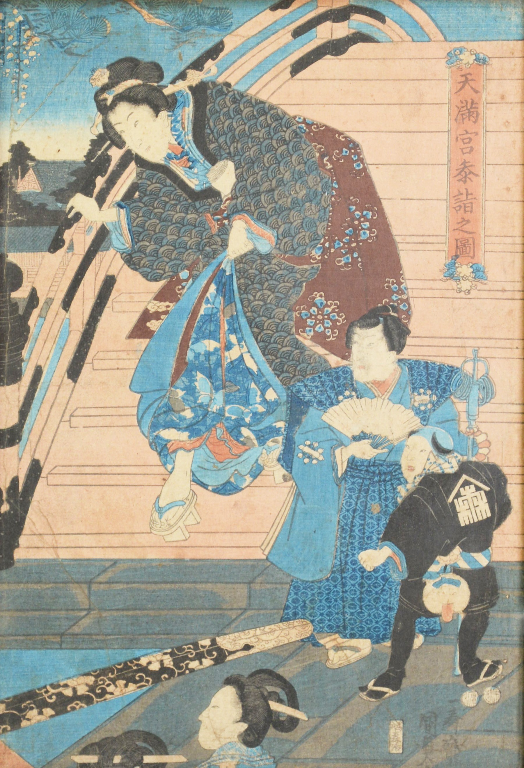 EDO JAPANESE UKIYO-E WOODBLOCK PRINT, featuring a Kabuki player descending stairs to three other