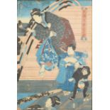 EDO JAPANESE UKIYO-E WOODBLOCK PRINT, featuring a Kabuki player descending stairs to three other