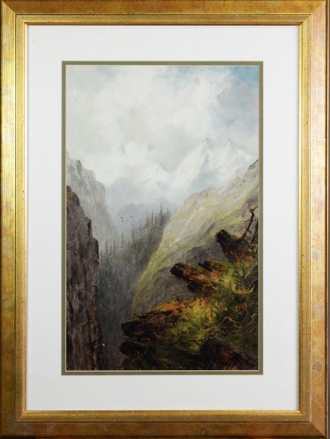 S BARNES (NINETEENTH CENTURY) OIL PAINTING Alpine landscape with snow-capped mountains in the - Image 2 of 2