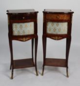 PAIR OF MODERN ITALIAN GILT METAL MOUNTED AND LINE INLAID BEDSIDE CABINETS, each of serpentine