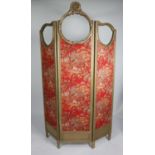 MOULDED GILT WOOD THREE FOLD SCREEN, Each show wood section with pierced top above panels, covered