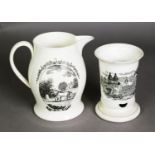 CIRCA 1800 ENGLISH CREAM WARE BARRLE SHAPE JUG, transfer printed in black and on one side with The