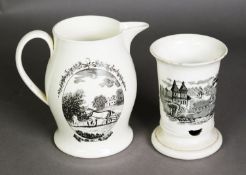 CIRCA 1800 ENGLISH CREAM WARE BARRLE SHAPE JUG, transfer printed in black and on one side with The