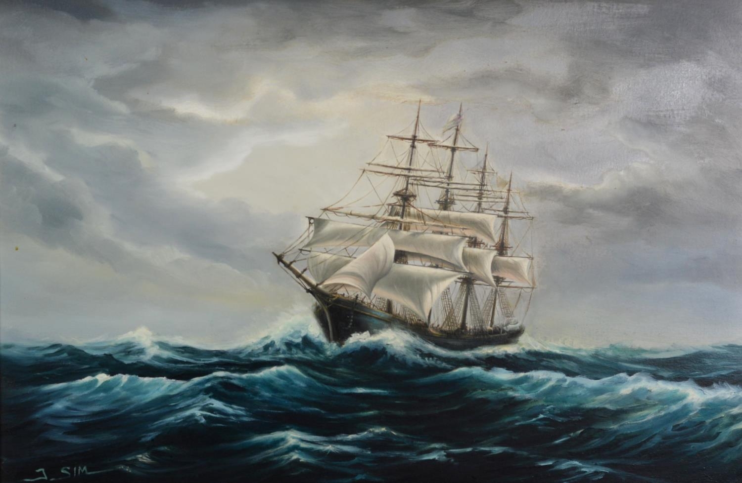 J SIM (TWENTIETH CENTURY) OIL ON CANVAS Four masted ship under sail on rough water Signed 19 ¾” x 29