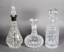 CUT GLASS CONICAL WINE DECANTER with silver neck and spire stopper, London 1914; a CUT GLASS