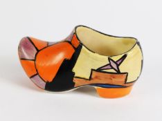 CLARICE CLIFF FOR NEWPORT POTTERY ‘BIZARRE’ SUNRAY PATTERN POTTERY SMALL CLOG, painted in bright