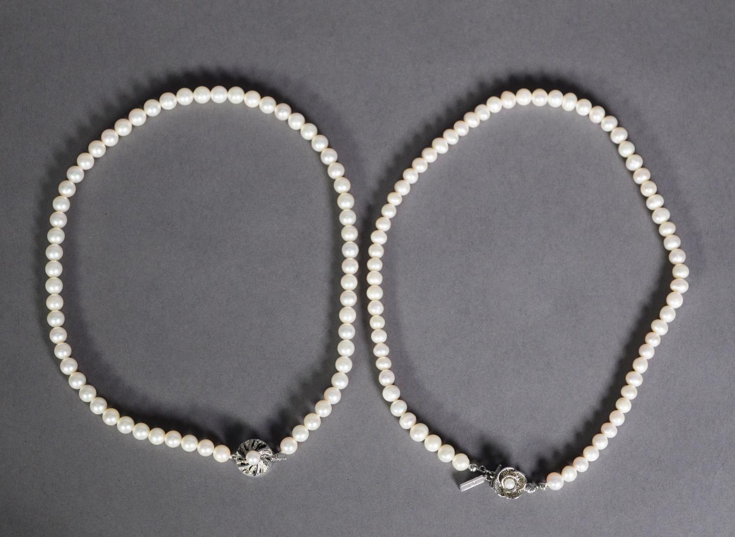 TWO SINGLE STRING CULTURED PEARL CHOKER NECKLACES, one with a clasp marked 'silver', 56g gross