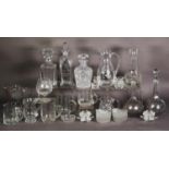 MIXED LOT OF GLASS, to include: SIX DECANTERS AND STOPPER, including a globe and shaft pair engraved