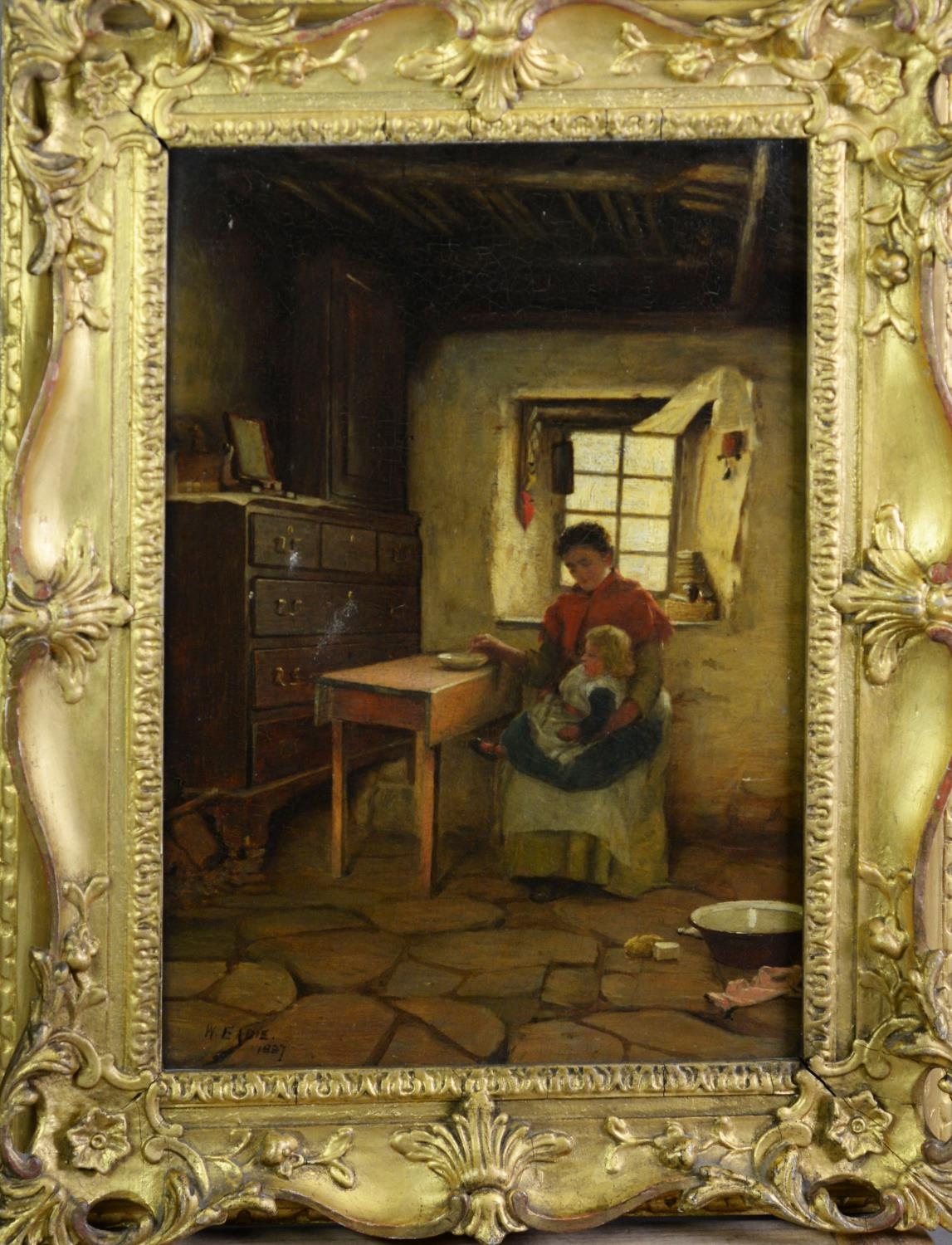 W EADIE (1846-1926) OIL ON CANVAS Cottage Interior with a mother feeding her baby Signed 13 ¾” x - Image 2 of 2