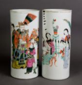 TWO CHINESE LATE QING/REPUBLIC PERIOD PORCELAIN CYLINDRICAL SLEEVE VASES, one well painted in