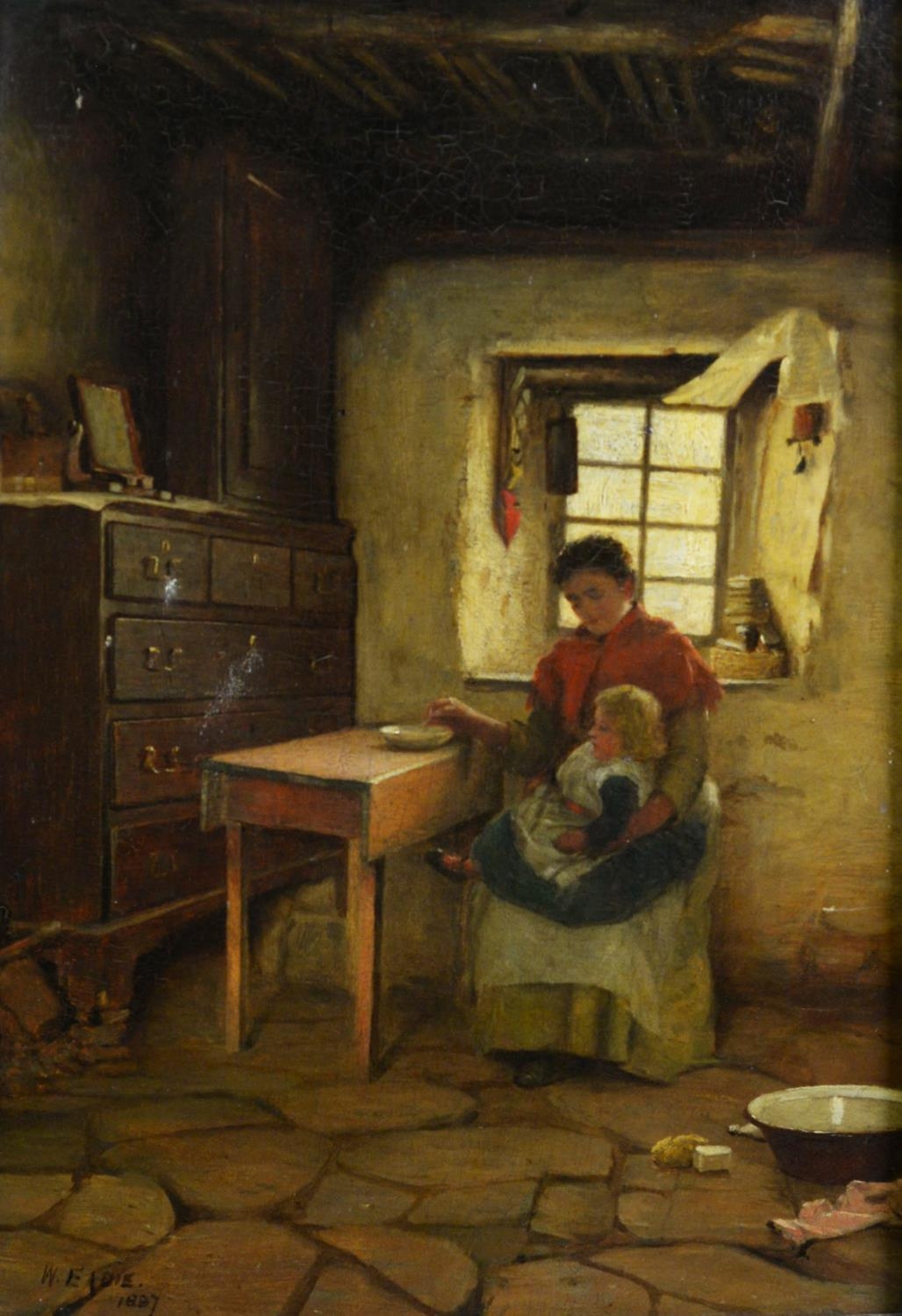 W EADIE (1846-1926) OIL ON CANVAS Cottage Interior with a mother feeding her baby Signed 13 ¾” x