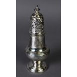 GEORGE II SILVER PEDESTAL SUGAR CASTOR BY SAMUEL WOOD, of typical form with spiral pierced pull-