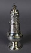 GEORGE II SILVER PEDESTAL SUGAR CASTOR BY SAMUEL WOOD, of typical form with spiral pierced pull-