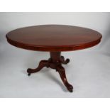VICTORIAN MAHOGANY LOO TABLE with oval snap-top, on hexagonally panelled tapering column, on