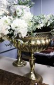 PAIR OF MODERN GILT METAL EFFECT TWO HANDLED PEDESTAL DRIED FLOWER VASES, each with pierced border