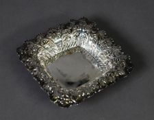 EDWARD VII EMBOSSED SILVER BON BON DISH, of square form with scroll embossed and crimped border,