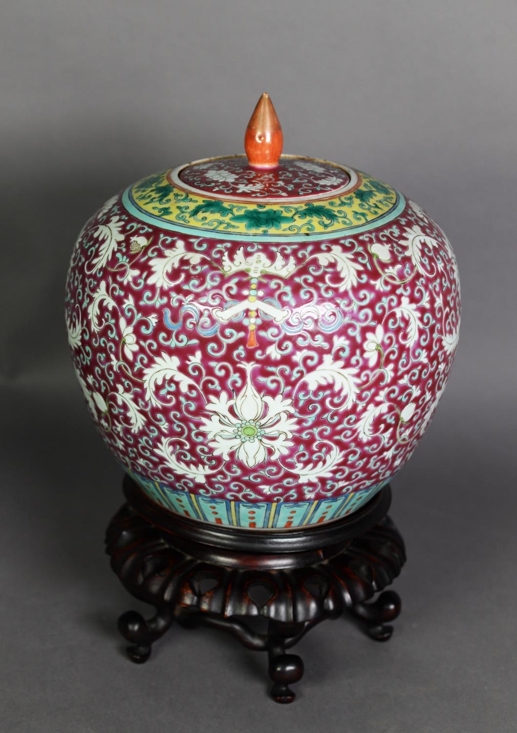 CHINESE QING DYNASTY PORCELAIN SHOULDERED OVOID JAR WITH COVER, the principle border with purplish-