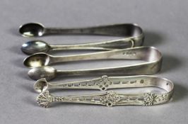 THREE PAIRS OF GEORGE IV AND LATER SILVER SUGAR TONGS, including a PLAIN PAIR BY RICHARD BRITTON,